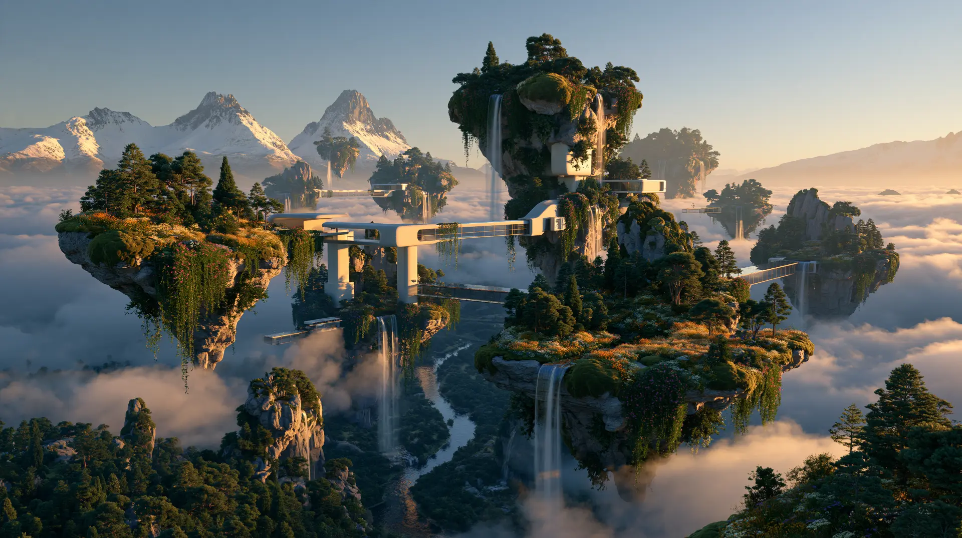 Floating islands linked by white bridges above a sea of cloud at sunrise.