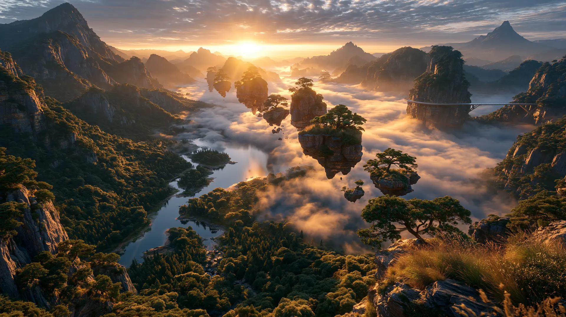 Sunrise over a valley of floating islands, mist filling the ravines below.